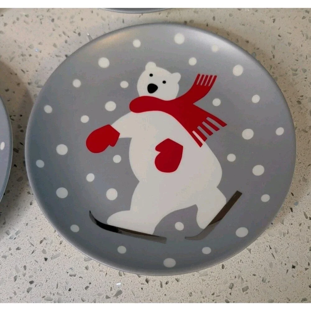 Set Of 4 Crate & Barrel Polar Bear Plates Dessert Holiday Ice Skating Grey